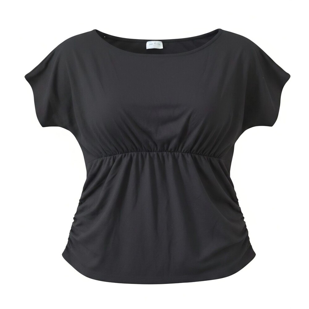 Women's Black Boat Neck Dolman Sleeve Top with Cinched Ruched Waist